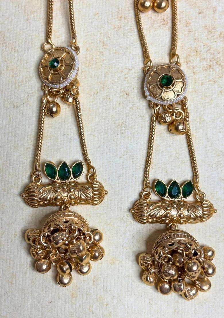 Gold-Plated Green Kundan Stone Studded Long Chain Kashmiri Jhumka Earrings for Women | Traditional Temple Jewellery for Wedding & Festive Wear | Gift for Her - Indya