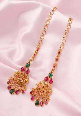 Saadgi Gold-Plated Stones Studded Contemporary Temple Drop Earrings for Women | Traditional Temple Jewellery for Wedding & Festive Wear | Gift for Her