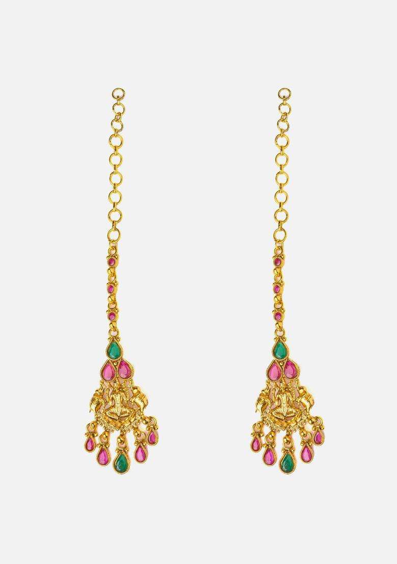 Saadgi Gold-Plated Stones Studded Contemporary Temple Drop Earrings for Women | Traditional Temple Jewellery for Wedding & Festive Wear | Gift for Her - Indya