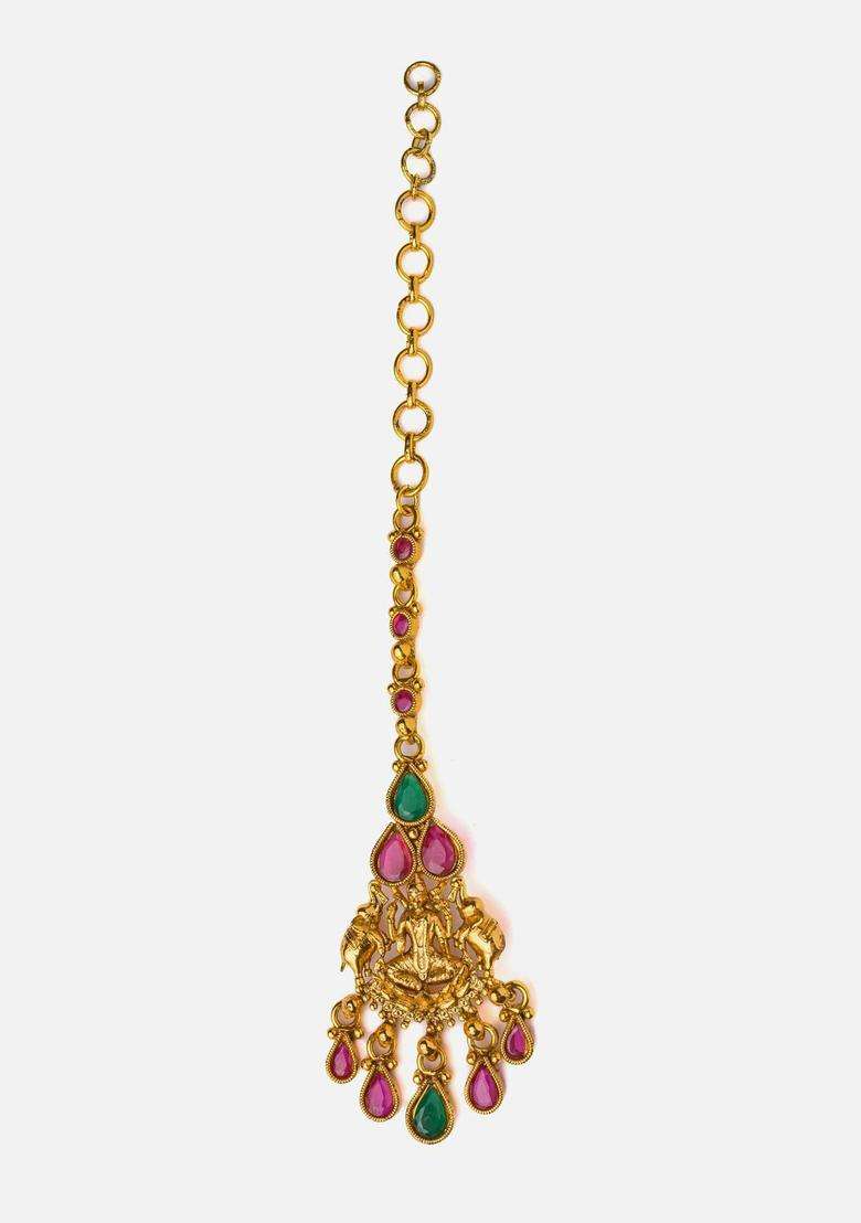 Saadgi Gold-Plated Stones Studded Contemporary Temple Drop Earrings for Women | Traditional Temple Jewellery for Wedding & Festive Wear | Gift for Her - Indya