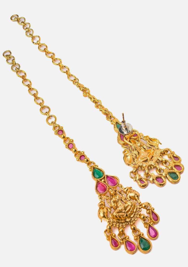 Saadgi Gold-Plated Stones Studded Contemporary Temple Drop Earrings for Women | Traditional Temple Jewellery for Wedding & Festive Wear | Gift for Her - Indya