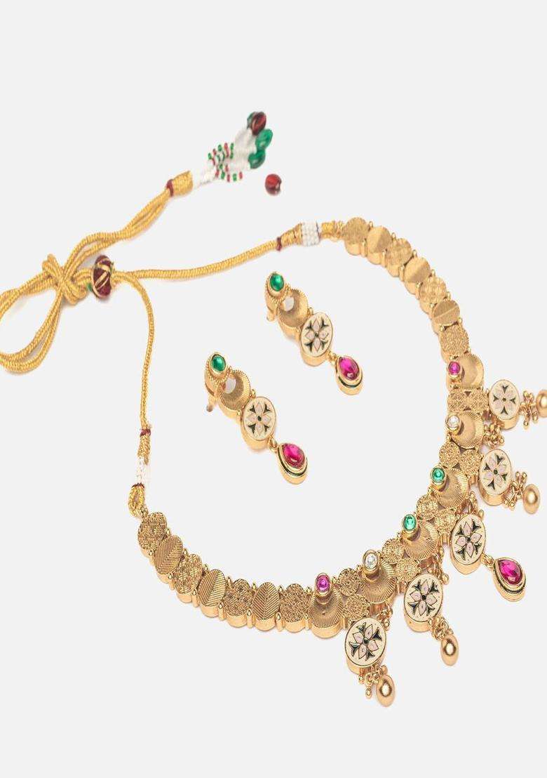 Gold-Plated Kundan-Studded & Beaded Jewellery Set for Women | Traditional Temple Jewellery for Wedding & Festive Wear | Gift for Her - Indya