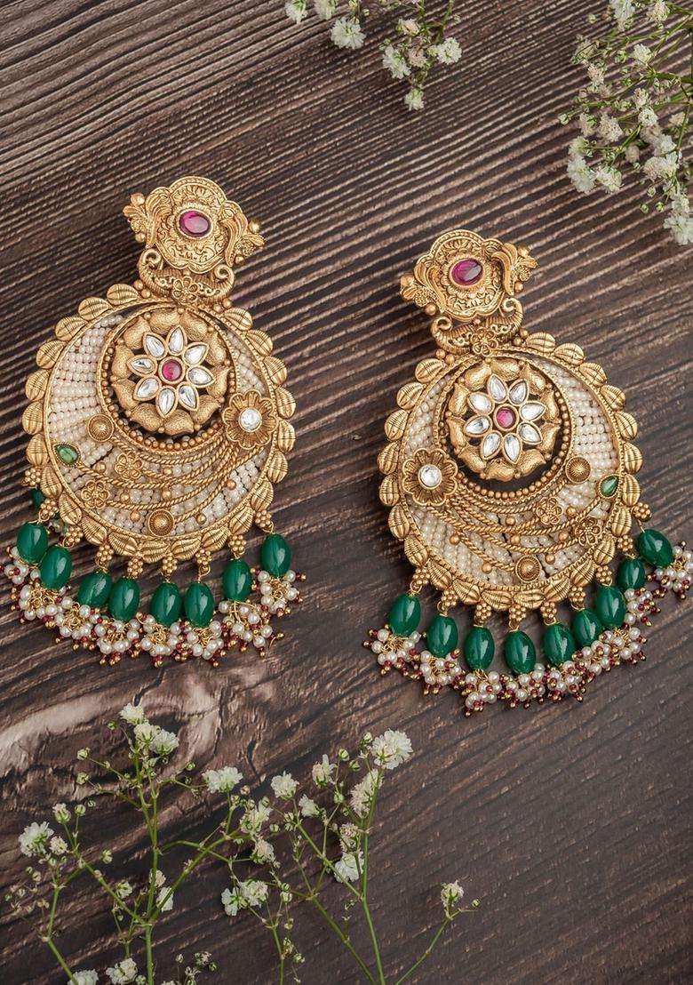 Gold-Plated Artificial Stones Studded Contemporary Chandbalis for Women | Traditional Temple Jewellery for Wedding & Festive Wear | Gift for Her - Indya