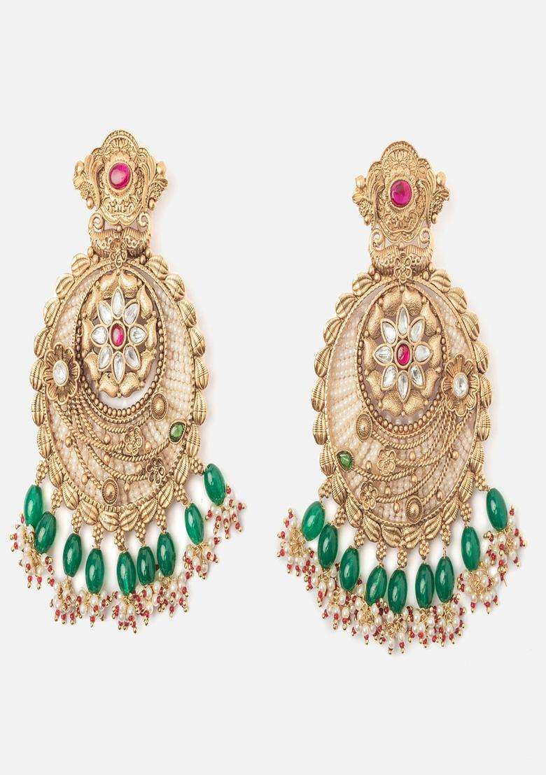 Gold-Plated Artificial Stones Studded Contemporary Chandbalis for Women | Traditional Temple Jewellery for Wedding & Festive Wear | Gift for Her - Indya