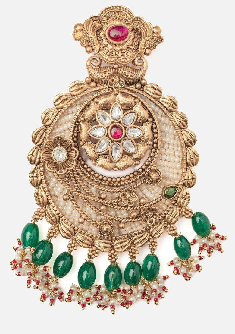 Gold-Plated Artificial Stones Studded Contemporary Chandbalis for Women | Traditional Temple Jewellery for Wedding & Festive Wear | Gift for Her - Indya
