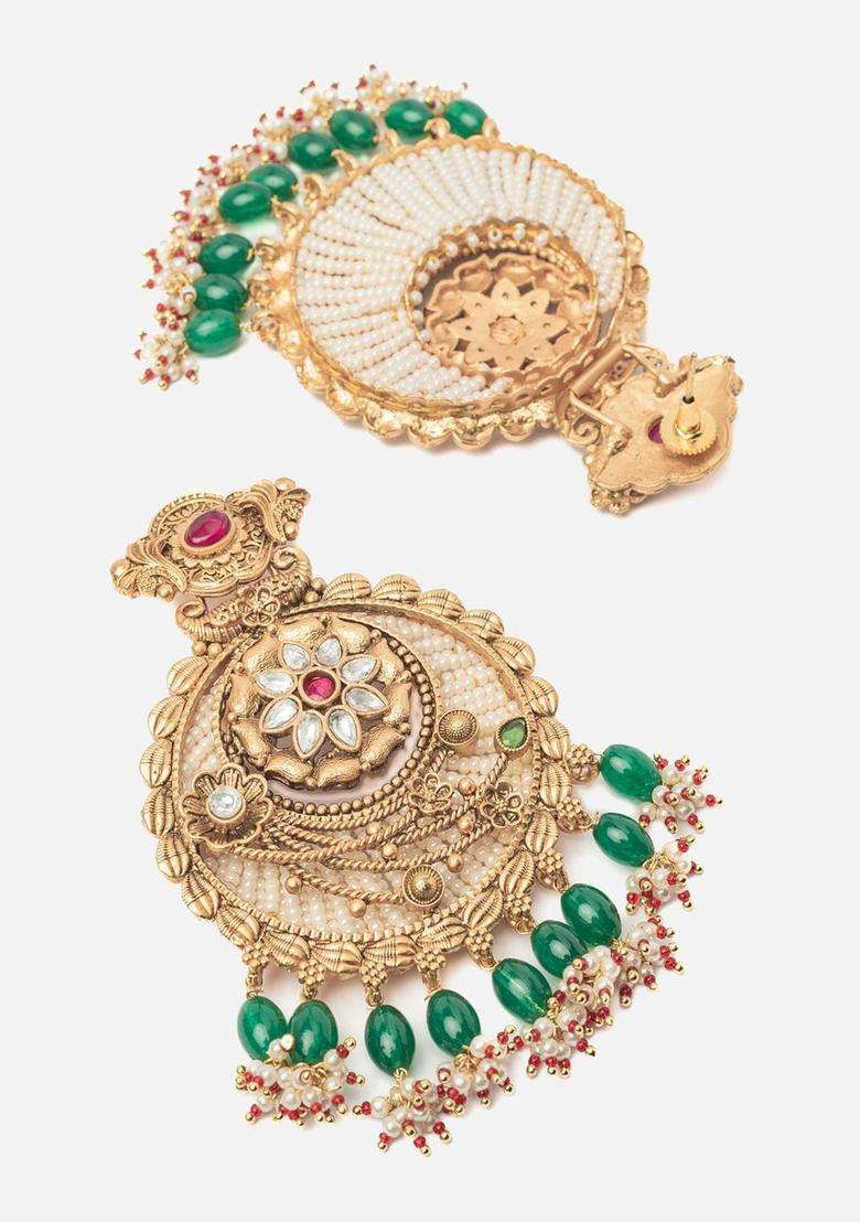 Gold-Plated Artificial Stones Studded Contemporary Chandbalis for Women | Traditional Temple Jewellery for Wedding & Festive Wear | Gift for Her - Indya