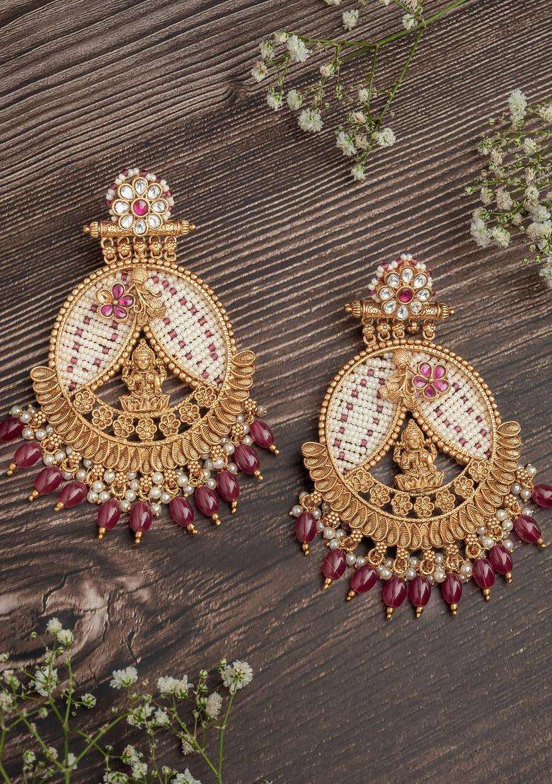 Gold-Plated Artificial Stones Studded Contemporary Chandbalis for Women | Traditional Temple Jewellery for Wedding & Festive Wear | Gift for Her - Indya
