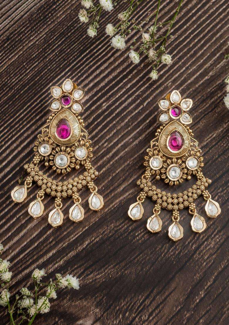 Gold-Plated Artificial Stones Studded Contemporary Chandbalis for Women | Traditional Temple Jewellery for Wedding & Festive Wear | Gift for Her - Indya