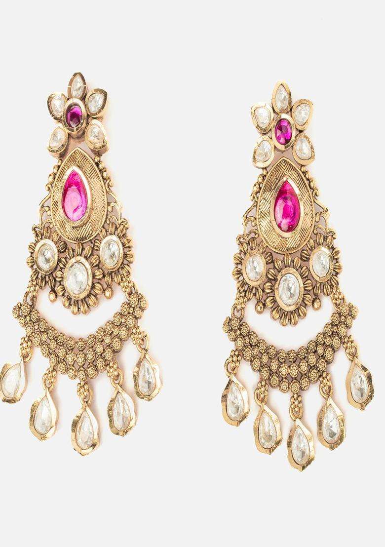 Gold-Plated Artificial Stones Studded Contemporary Chandbalis for Women | Traditional Temple Jewellery for Wedding & Festive Wear | Gift for Her - Indya