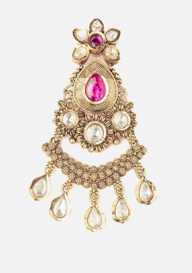 Gold-Plated Artificial Stones Studded Contemporary Chandbalis for Women | Traditional Temple Jewellery for Wedding & Festive Wear | Gift for Her - Indya
