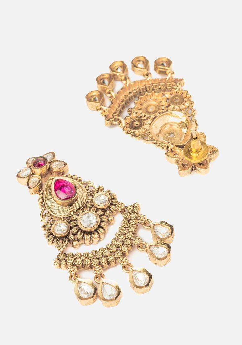 Gold-Plated Artificial Stones Studded Contemporary Chandbalis for Women | Traditional Temple Jewellery for Wedding & Festive Wear | Gift for Her - Indya