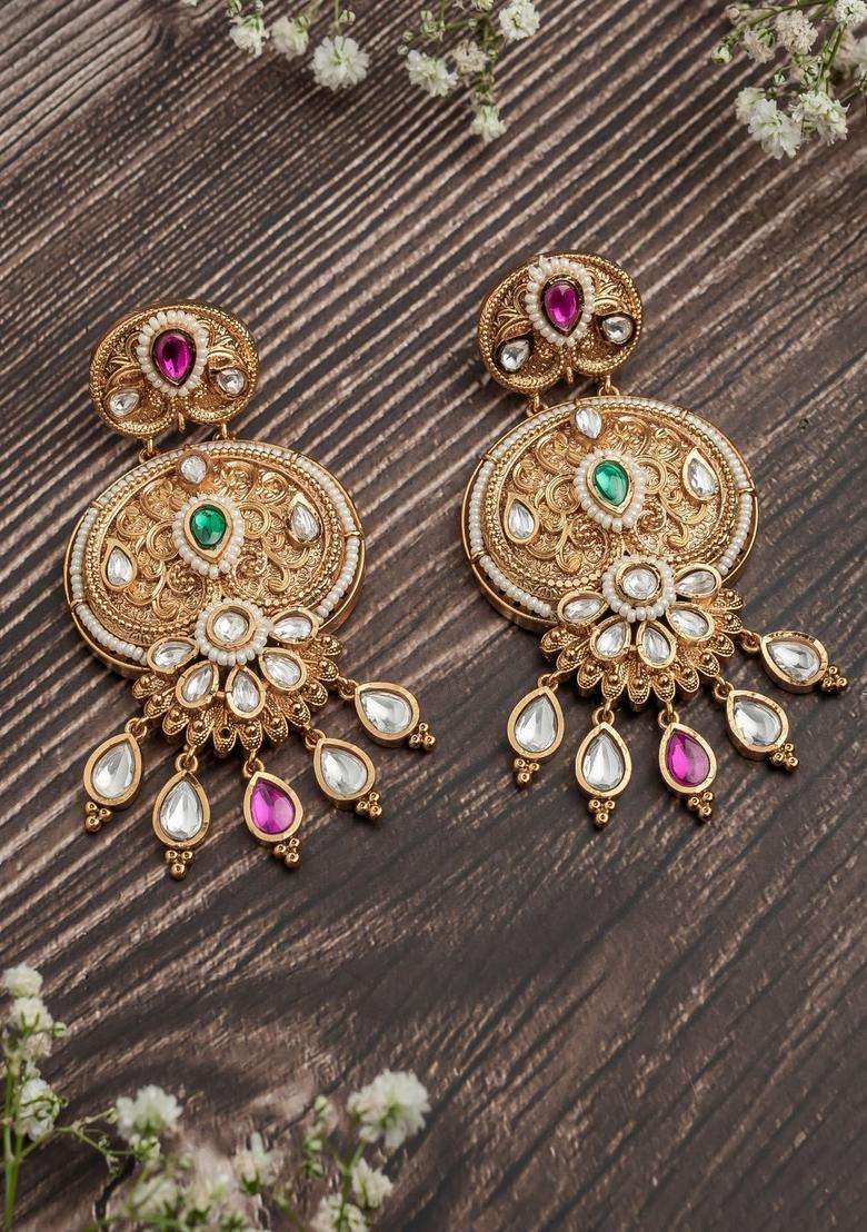 Gold-Plated Artificial Stones Studded Contemporary Chandbalis for Women | Traditional Temple Jewellery for Wedding & Festive Wear | Gift for Her - Indya