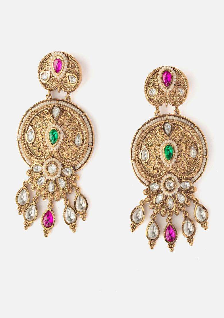 Gold-Plated Artificial Stones Studded Contemporary Chandbalis for Women | Traditional Temple Jewellery for Wedding & Festive Wear | Gift for Her - Indya