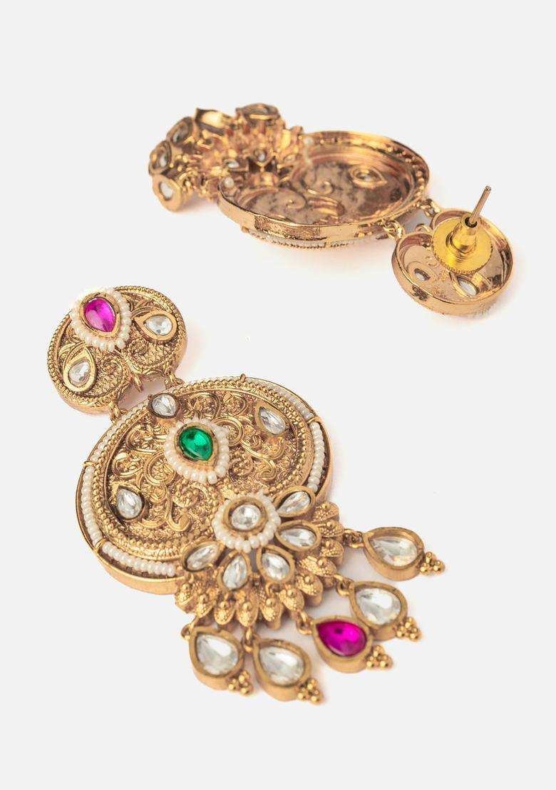 Gold-Plated Artificial Stones Studded Contemporary Chandbalis for Women | Traditional Temple Jewellery for Wedding & Festive Wear | Gift for Her - Indya