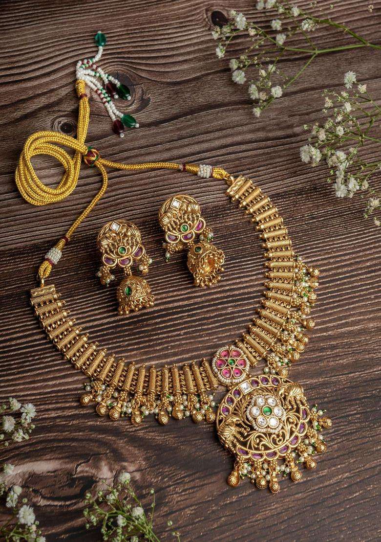 Isvaraah 2.0 Gold-Plated Stones Studded & Beaded Temple Jewellery Set for Women | Traditional Temple Jewellery for Wedding & Festive Wear | Gift for Her - Indya