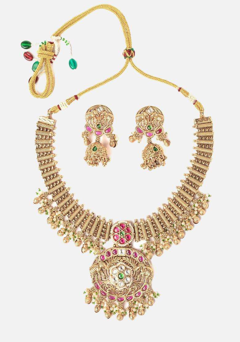 Isvaraah 2.0 Gold-Plated Stones Studded & Beaded Temple Jewellery Set for Women | Traditional Temple Jewellery for Wedding & Festive Wear | Gift for Her - Indya