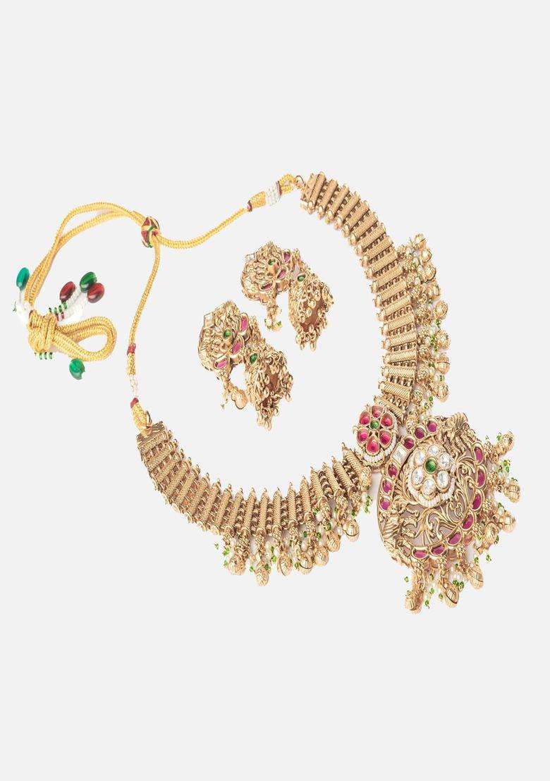 Isvaraah 2.0 Gold-Plated Stones Studded & Beaded Temple Jewellery Set for Women | Traditional Temple Jewellery for Wedding & Festive Wear | Gift for Her - Indya