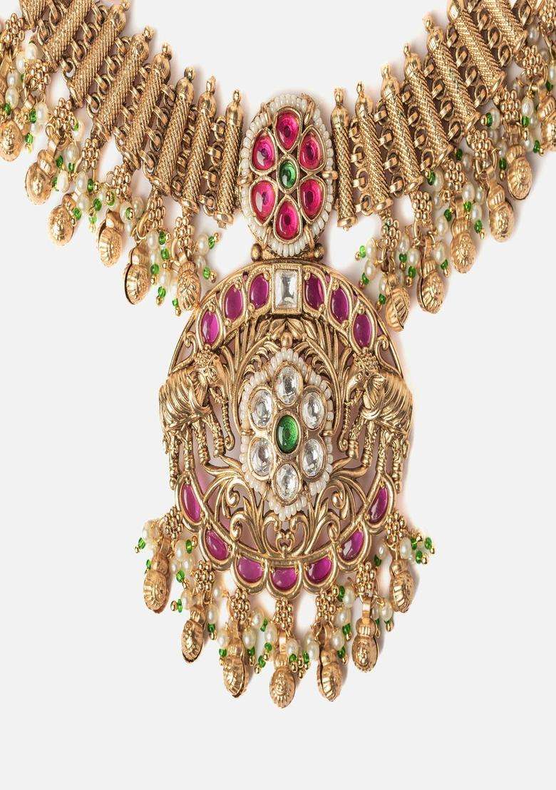 Isvaraah 2.0 Gold-Plated Stones Studded & Beaded Temple Jewellery Set for Women | Traditional Temple Jewellery for Wedding & Festive Wear | Gift for Her - Indya