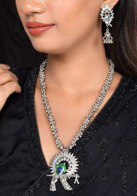 Silver-Plated Stone-Studded Jewellery Set for Women | Traditional Temple Jewellery for Wedding & Festive Wear | Gift for Her