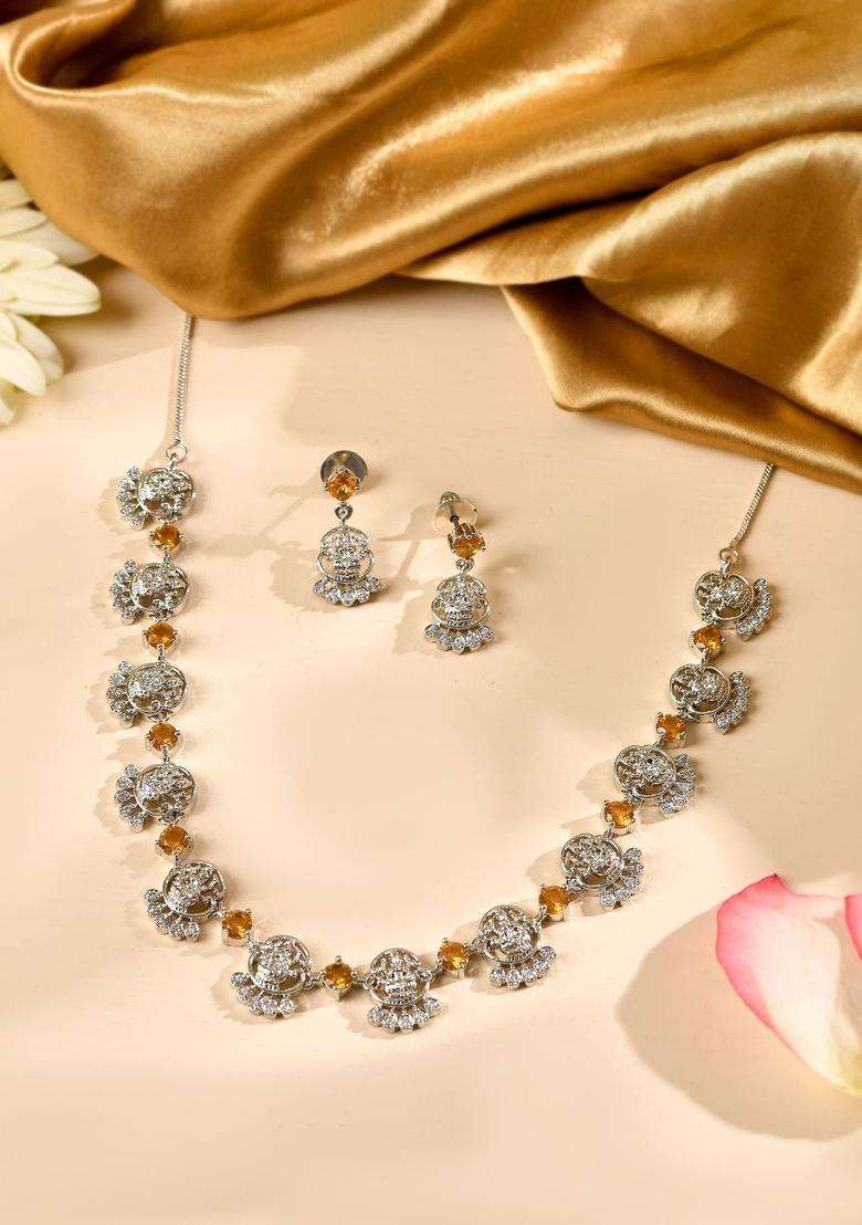 Stainless Steel Silver-Plated Artificial Stones Studded Temple Necklace and Earrings for Women | Traditional Temple Jewellery for Wedding & Festive Wear | Gift for Her - Indya