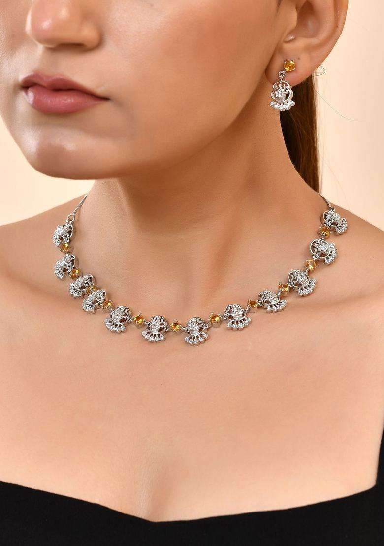 Stainless Steel Silver-Plated Artificial Stones Studded Temple Necklace and Earrings for Women | Traditional Temple Jewellery for Wedding & Festive Wear | Gift for Her - Indya