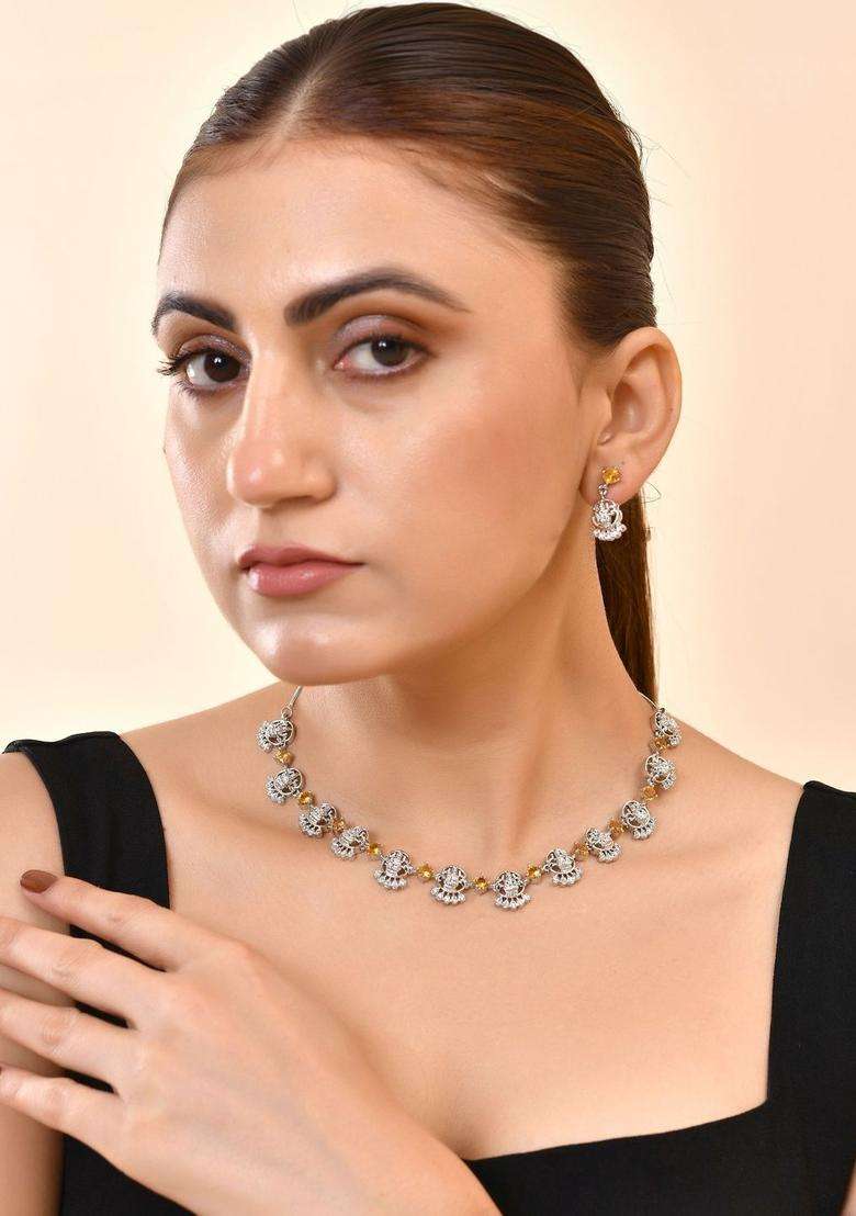Stainless Steel Silver-Plated Artificial Stones Studded Temple Necklace and Earrings for Women | Traditional Temple Jewellery for Wedding & Festive Wear | Gift for Her - Indya