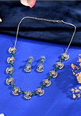 Stainless Steel Silver-Plated Artificial Stones Studded Temple Necklace and Earrings for Women | Traditional Temple Jewellery for Wedding & Festive Wear | Gift for Her