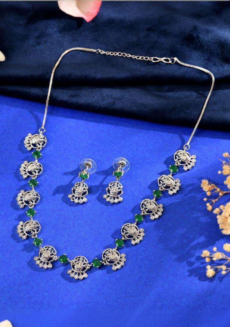 Stainless Steel Silver-Plated Artificial Stones Studded Temple Necklace and Earrings for Women | Traditional Temple Jewellery for Wedding & Festive Wear | Gift for Her - Indya