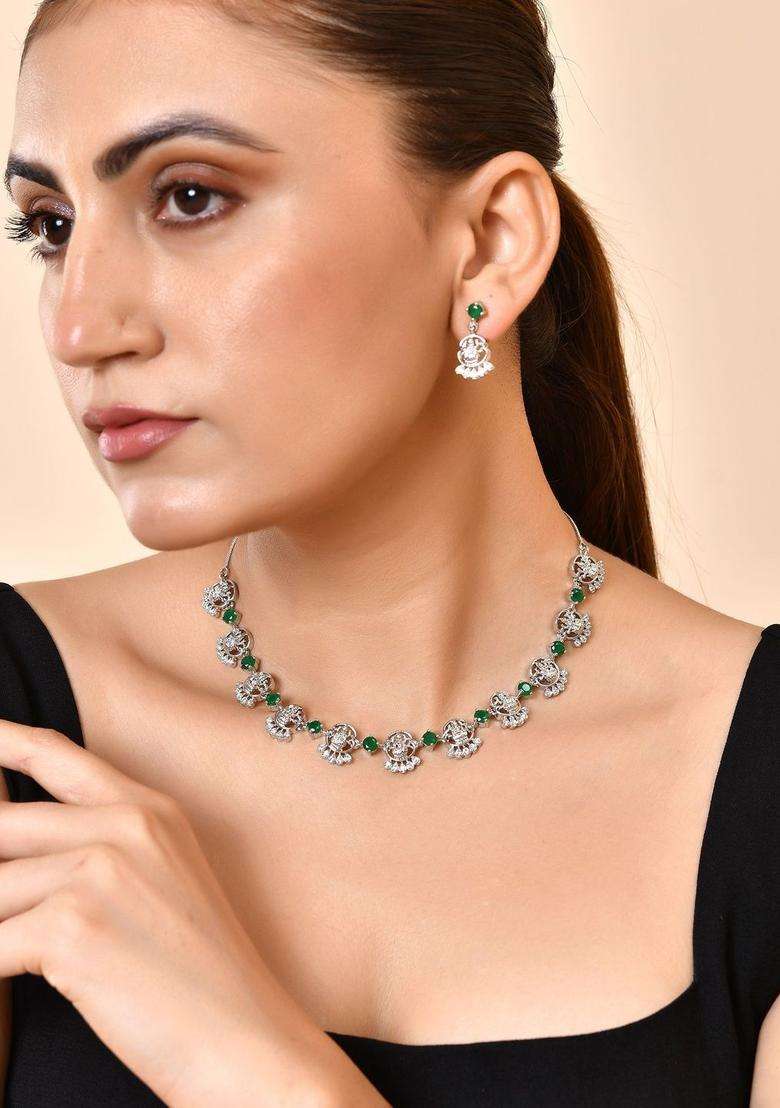 Stainless Steel Silver-Plated Artificial Stones Studded Temple Necklace and Earrings for Women | Traditional Temple Jewellery for Wedding & Festive Wear | Gift for Her - Indya