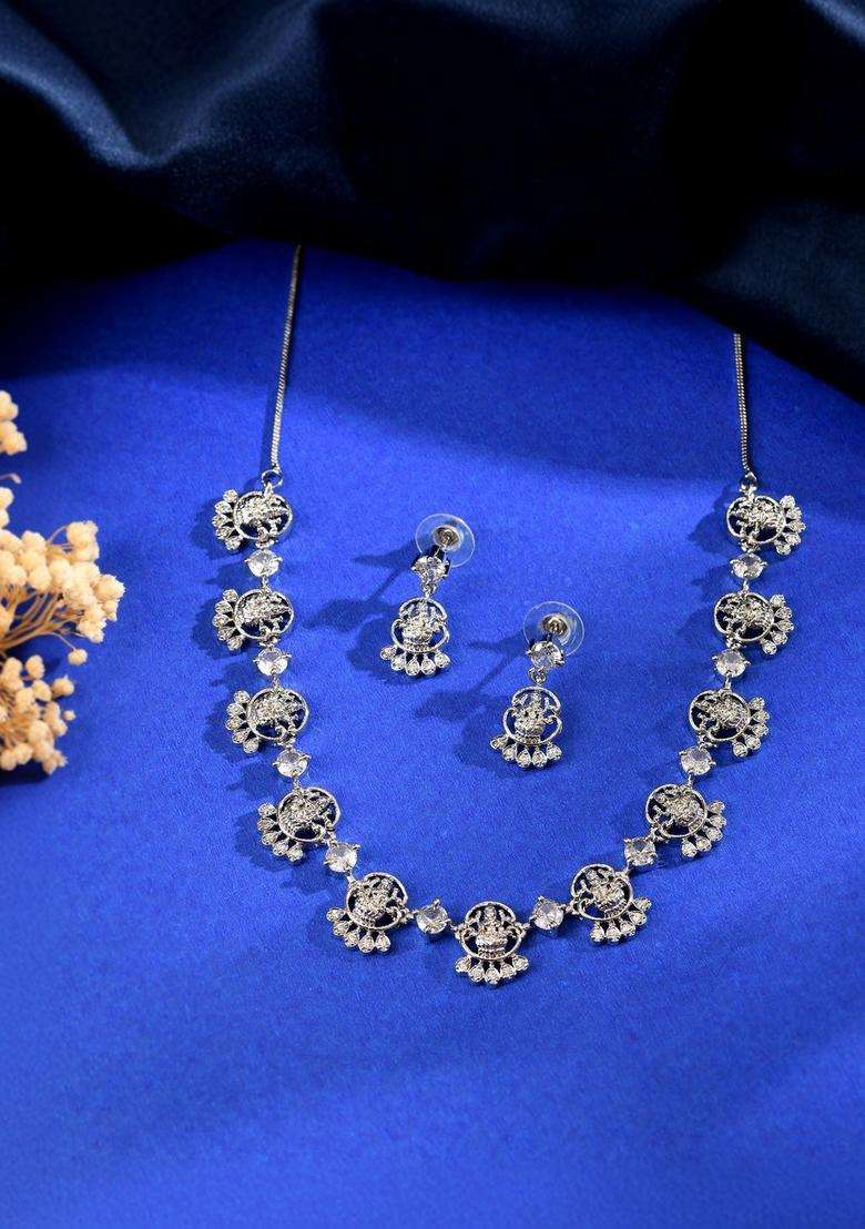 Stainless Steel Silver-Plated Artificial Stones Studded Temple Necklace and Earrings for Women | Traditional Temple Jewellery for Wedding & Festive Wear | Gift for Her - Indya