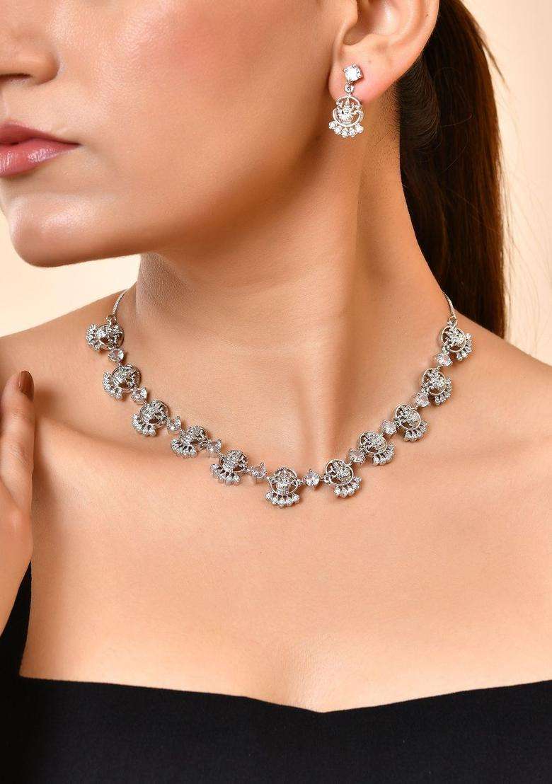 Stainless Steel Silver-Plated Artificial Stones Studded Temple Necklace and Earrings for Women | Traditional Temple Jewellery for Wedding & Festive Wear | Gift for Her - Indya