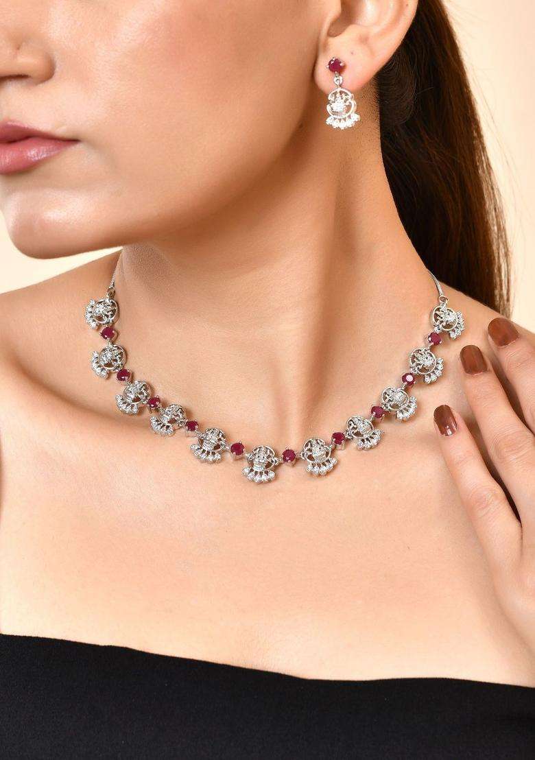 Stainless Steel Silver-Plated Artificial Stones Studded Temple Necklace and Earrings for Women | Traditional Temple Jewellery for Wedding & Festive Wear | Gift for Her - Indya