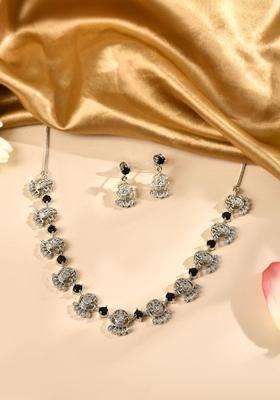 Stainless Steel Silver-Plated Artificial Stones Studded Temple Necklace and Earrings for Women | Traditional Temple Jewellery for Wedding & Festive Wear | Gift for Her