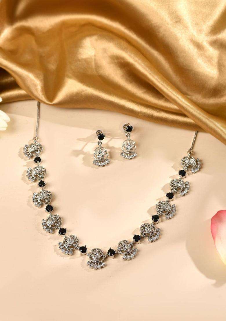Stainless Steel Silver-Plated Artificial Stones Studded Temple Necklace and Earrings for Women | Traditional Temple Jewellery for Wedding & Festive Wear | Gift for Her - Indya