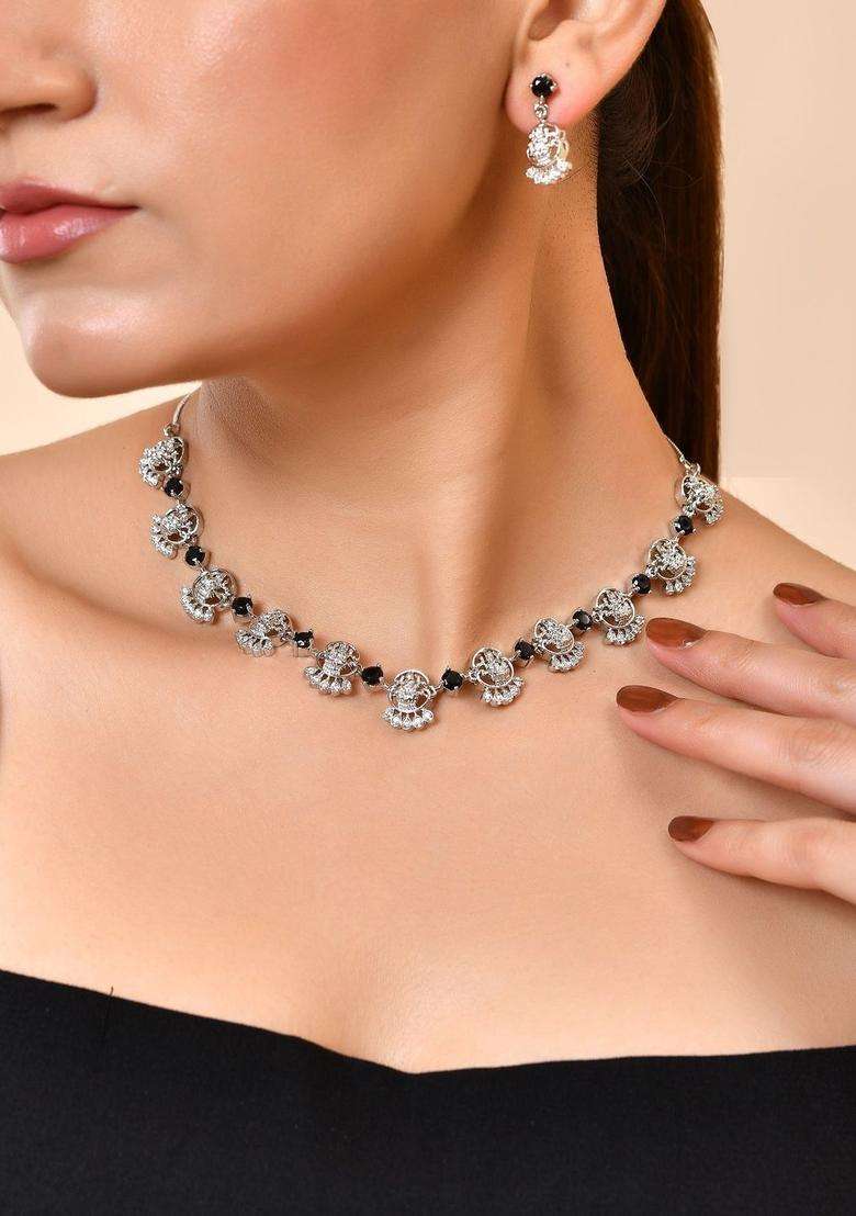 Stainless Steel Silver-Plated Artificial Stones Studded Temple Necklace and Earrings for Women | Traditional Temple Jewellery for Wedding & Festive Wear | Gift for Her - Indya