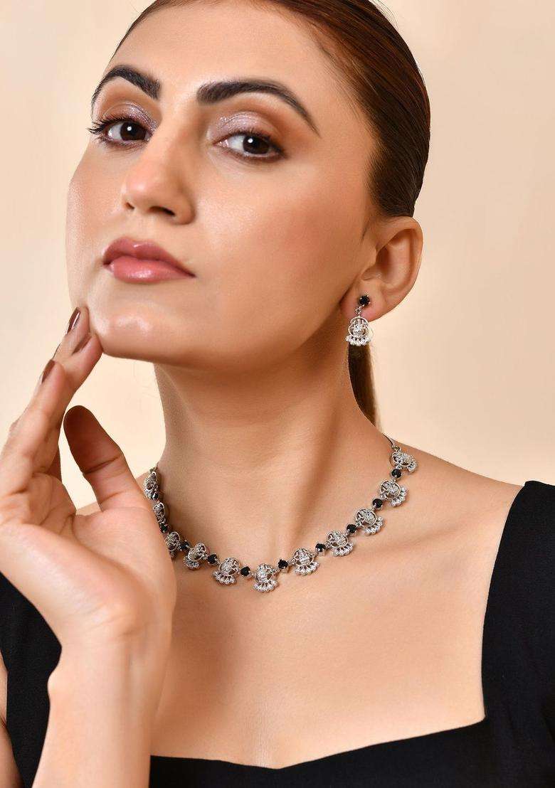 Stainless Steel Silver-Plated Artificial Stones Studded Temple Necklace and Earrings for Women | Traditional Temple Jewellery for Wedding & Festive Wear | Gift for Her - Indya