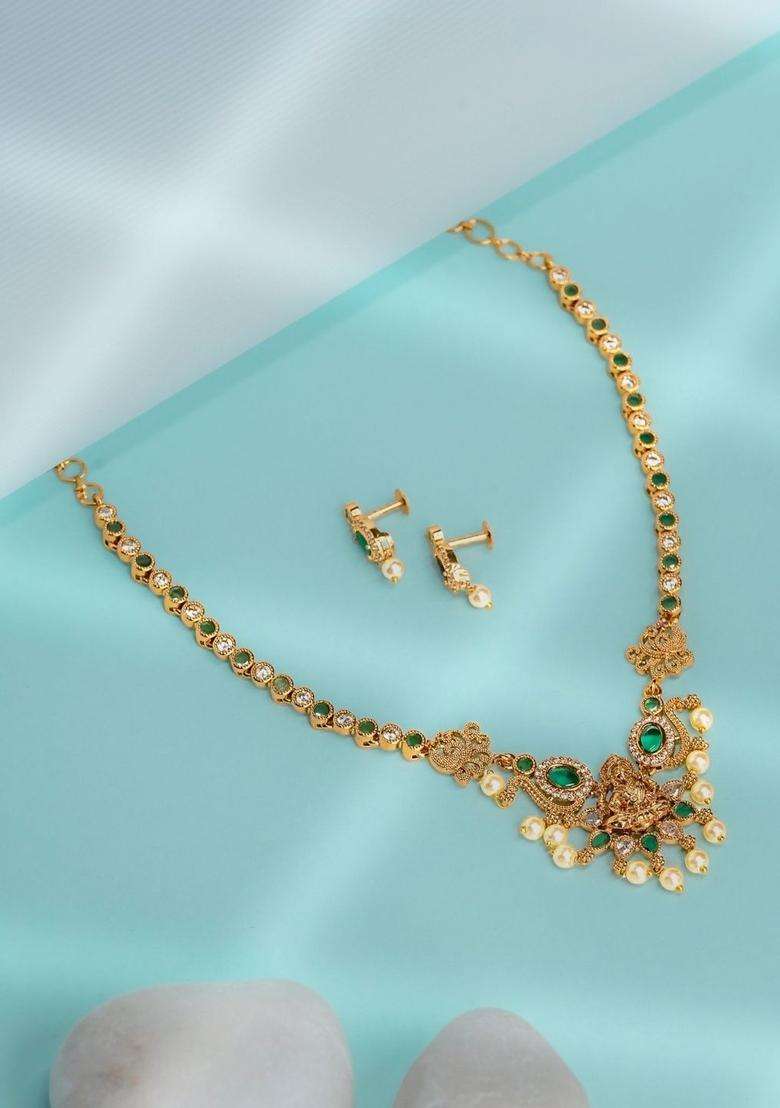 Gold-Plated Green Stone & Pearl Temple Necklace for Women | Traditional Temple Jewellery for Wedding & Festive Wear | Gift for Her - Indya