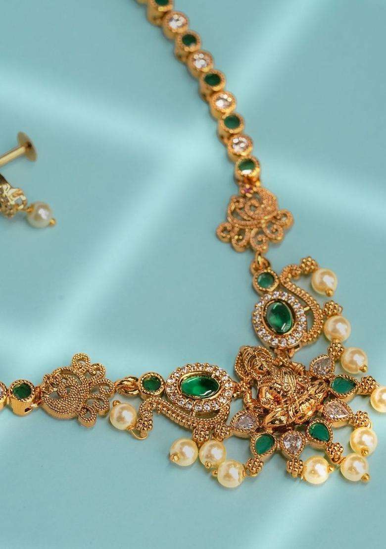 Gold-Plated Green Stone & Pearl Temple Necklace for Women | Traditional Temple Jewellery for Wedding & Festive Wear | Gift for Her - Indya