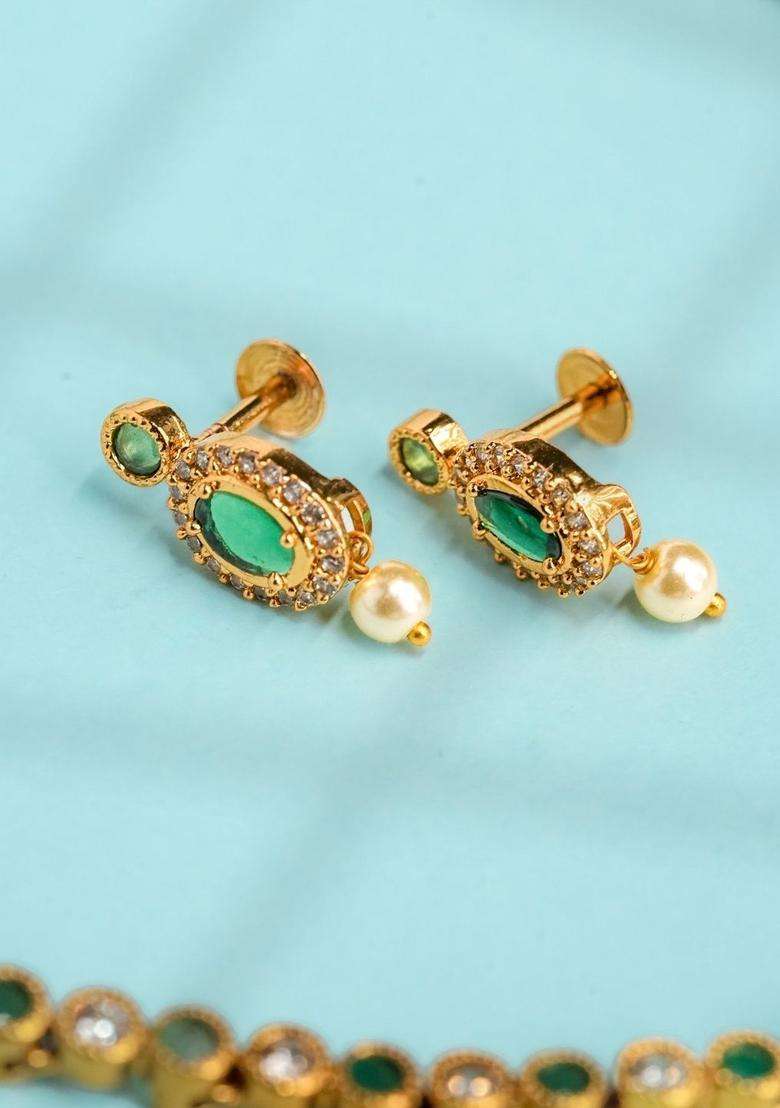 Gold-Plated Green Stone & Pearl Temple Necklace for Women | Traditional Temple Jewellery for Wedding & Festive Wear | Gift for Her - Indya