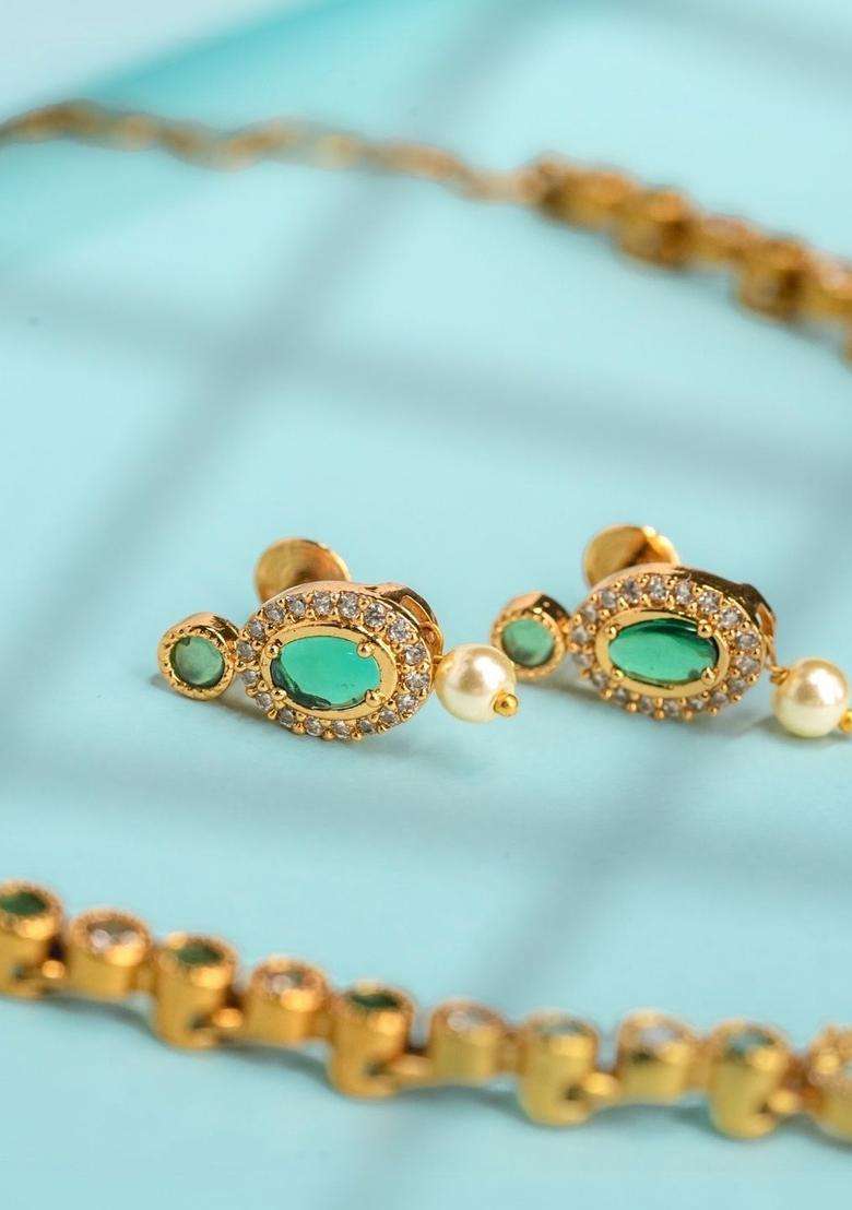 Gold-Plated Green Stone & Pearl Temple Necklace for Women | Traditional Temple Jewellery for Wedding & Festive Wear | Gift for Her - Indya