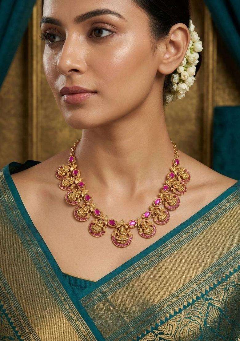 Brass Gold-Plated Temple Necklace for Women | Traditional Temple Jewellery for Wedding & Festive Wear | Gift for Her - Indya
