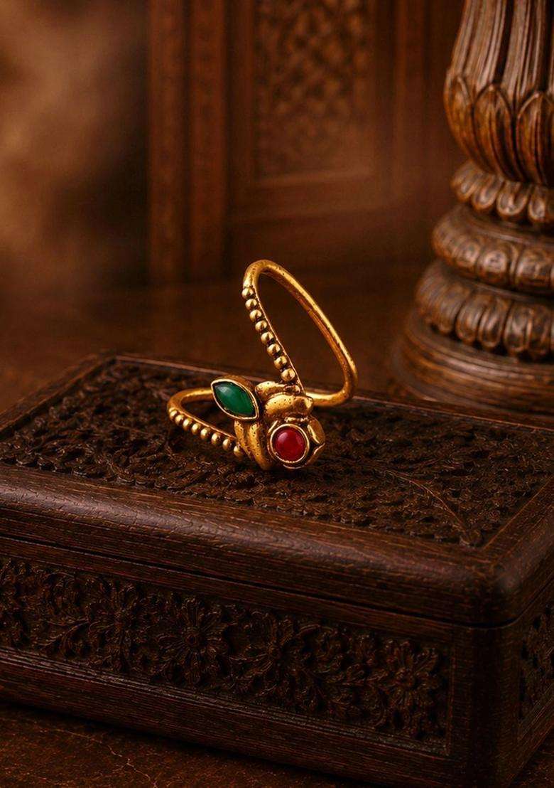 Gold-Plated Temple Cubic Zirconia Finger Ring for Women | Traditional Temple Jewellery for Wedding & Festive Wear | Gift for Her - Indya