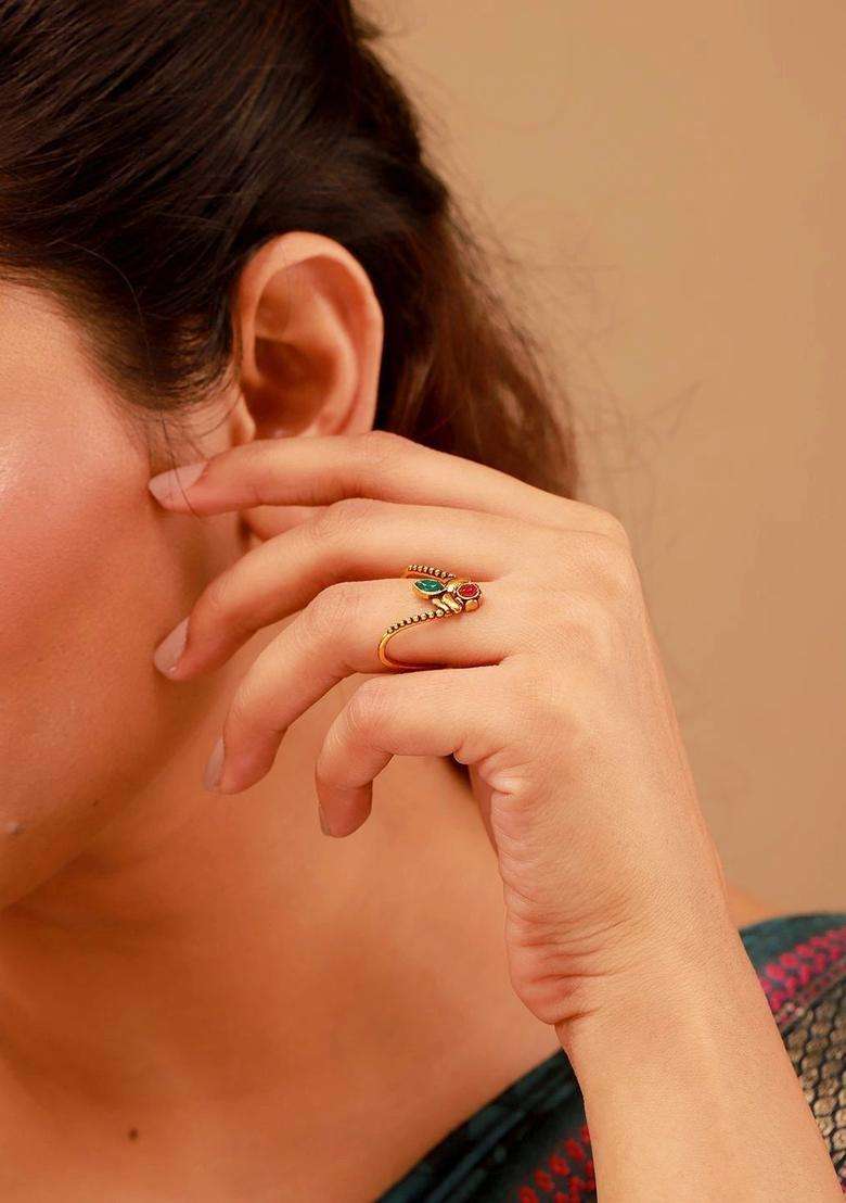 Gold-Plated Temple Cubic Zirconia Finger Ring for Women | Traditional Temple Jewellery for Wedding & Festive Wear | Gift for Her - Indya