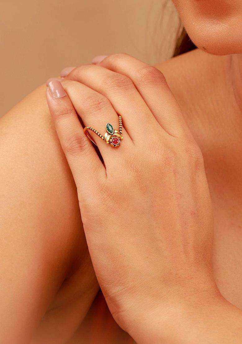 Gold-Plated Temple Cubic Zirconia Finger Ring for Women | Traditional Temple Jewellery for Wedding & Festive Wear | Gift for Her - Indya
