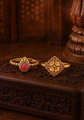 Set of 2 Gold-Plated Temple Cubic Zirconia Finger Ring for Women | Traditional Temple Jewellery for Wedding & Festive Wear | Gift for Her