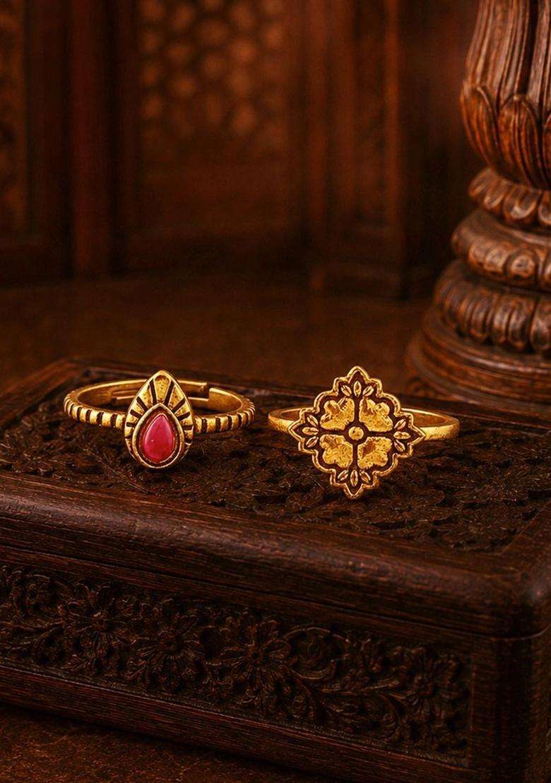 Set of 2 Gold-Plated Temple Cubic Zirconia Finger Ring for Women | Traditional Temple Jewellery for Wedding & Festive Wear | Gift for Her - Indya