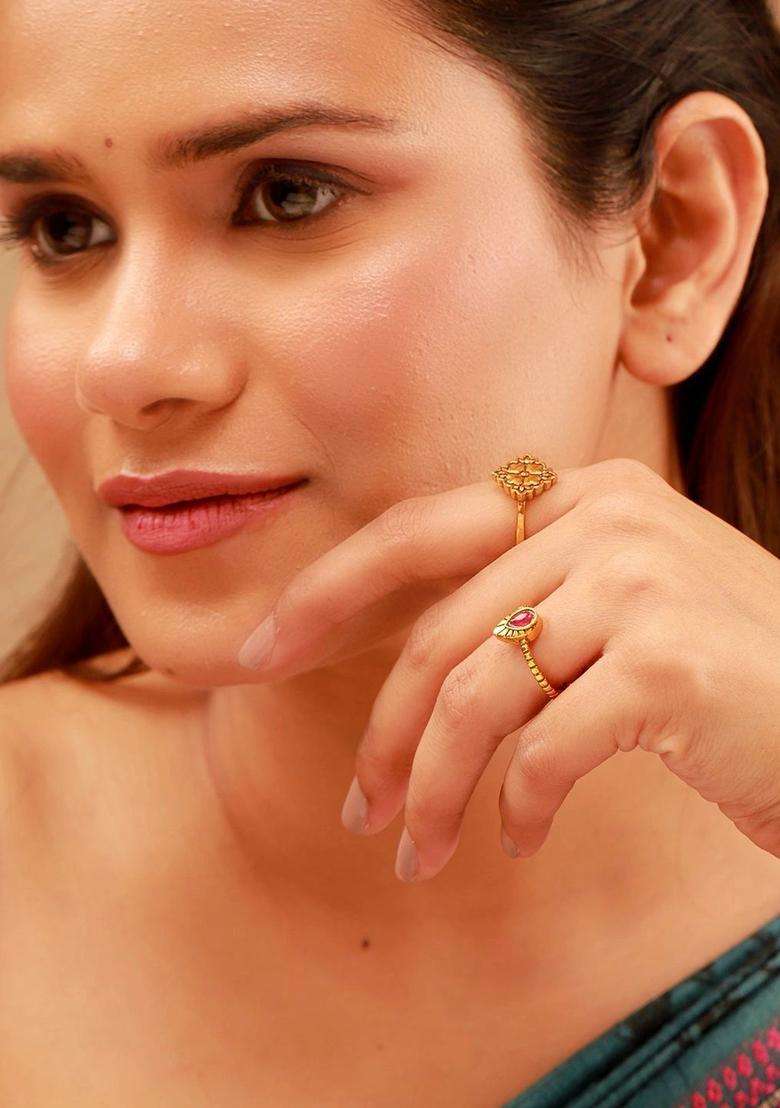 Set of 2 Gold-Plated Temple Cubic Zirconia Finger Ring for Women | Traditional Temple Jewellery for Wedding & Festive Wear | Gift for Her - Indya