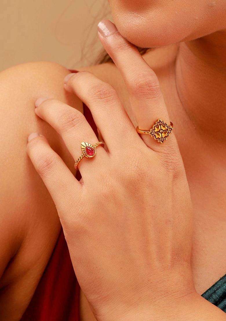 Set of 2 Gold-Plated Temple Cubic Zirconia Finger Ring for Women | Traditional Temple Jewellery for Wedding & Festive Wear | Gift for Her - Indya