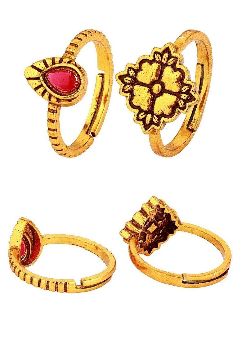 Set of 2 Gold-Plated Temple Cubic Zirconia Finger Ring for Women | Traditional Temple Jewellery for Wedding & Festive Wear | Gift for Her - Indya