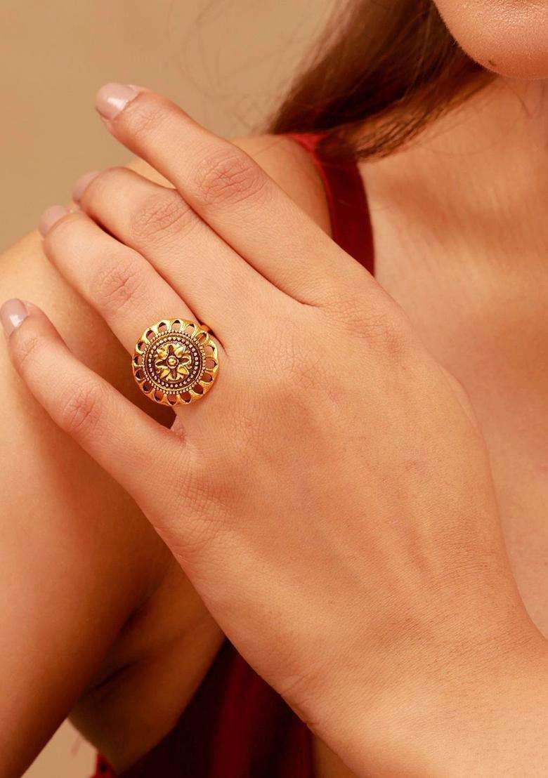 Gold-Plated Temple Finger Ring for Women | Traditional Temple Jewellery for Wedding & Festive Wear | Gift for Her - Indya